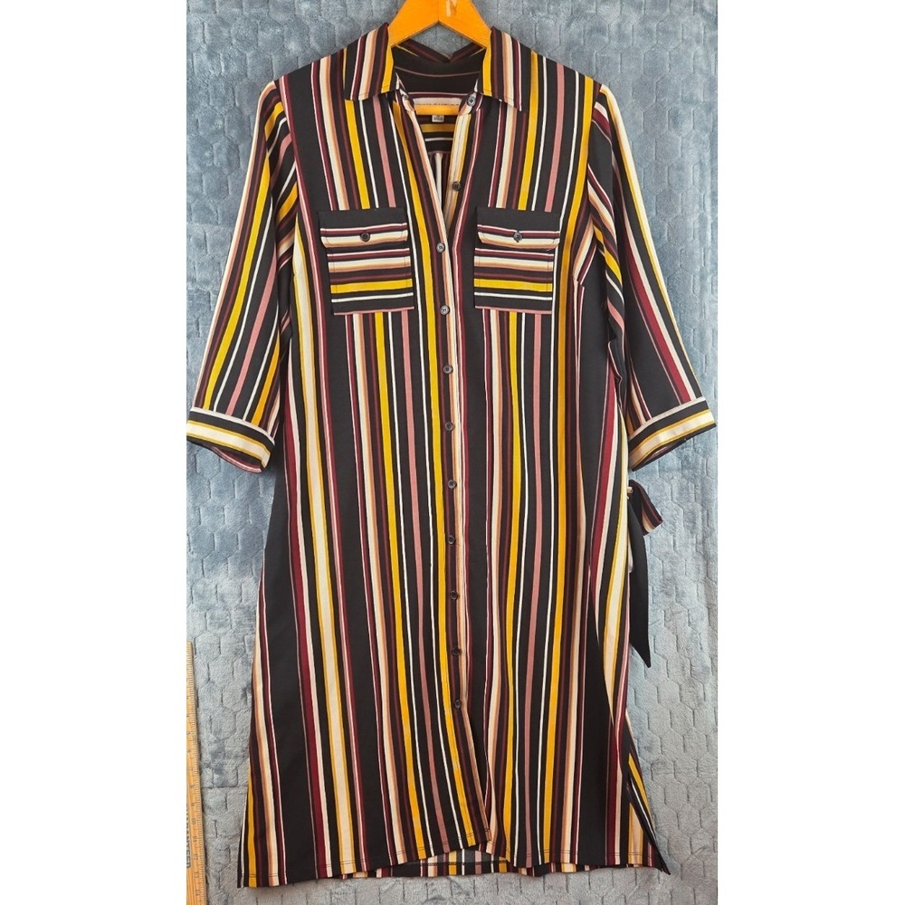Emma and Michele Tie Waist Shirt Dress Long‎ Sleeve Black Red White Striped 1X
